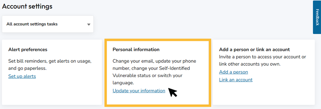 Isang screenshot ng seksyong Mga setting ng account ng dashboard na may naka-highlight na dilaw na card ng Personal na impormasyon.