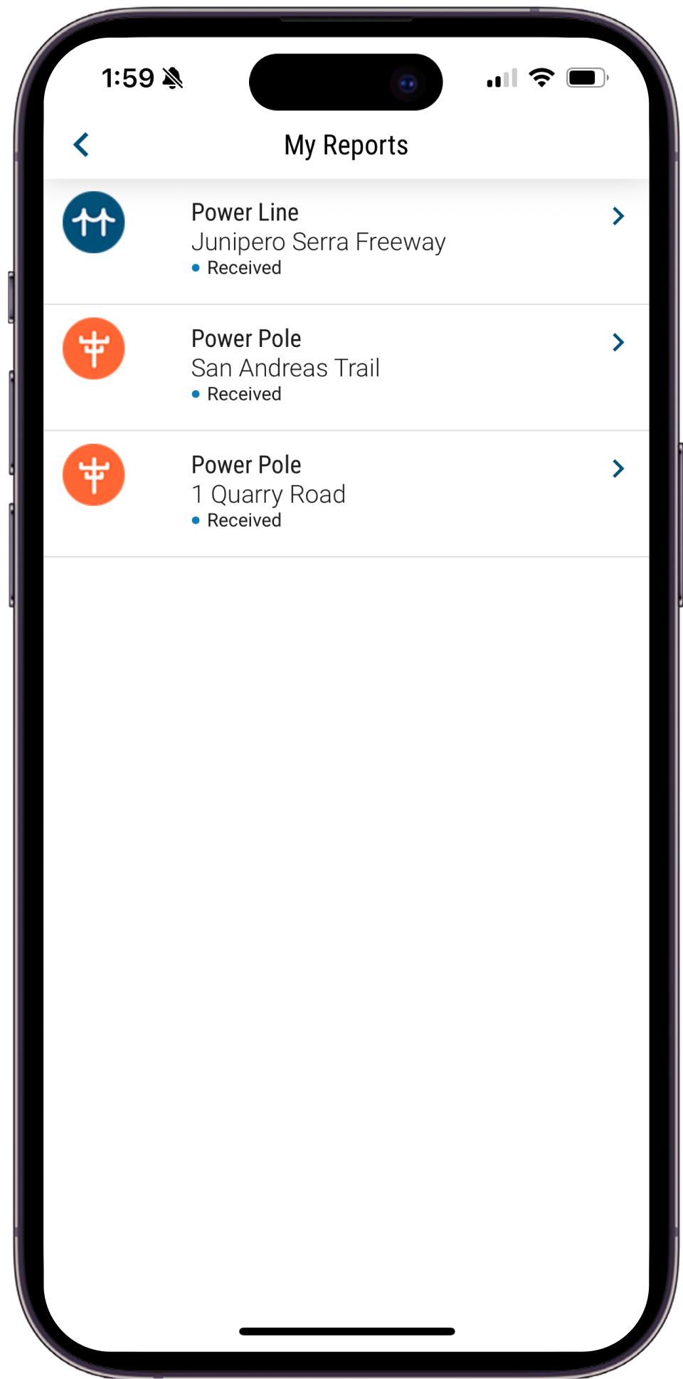 Mobile view of the Report It Apps My Reports screen.