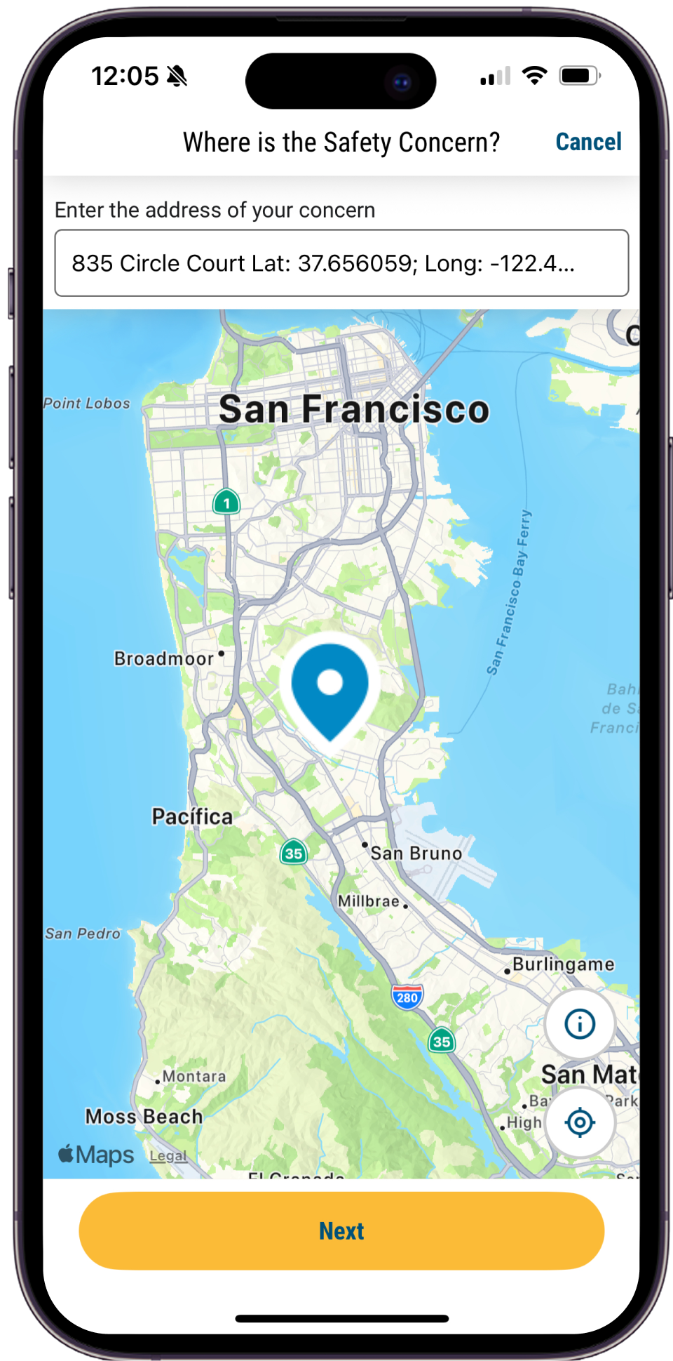 Mobile view of the Report It App Where is your safety issue? screen, which contains a field to enter the address of your concern.