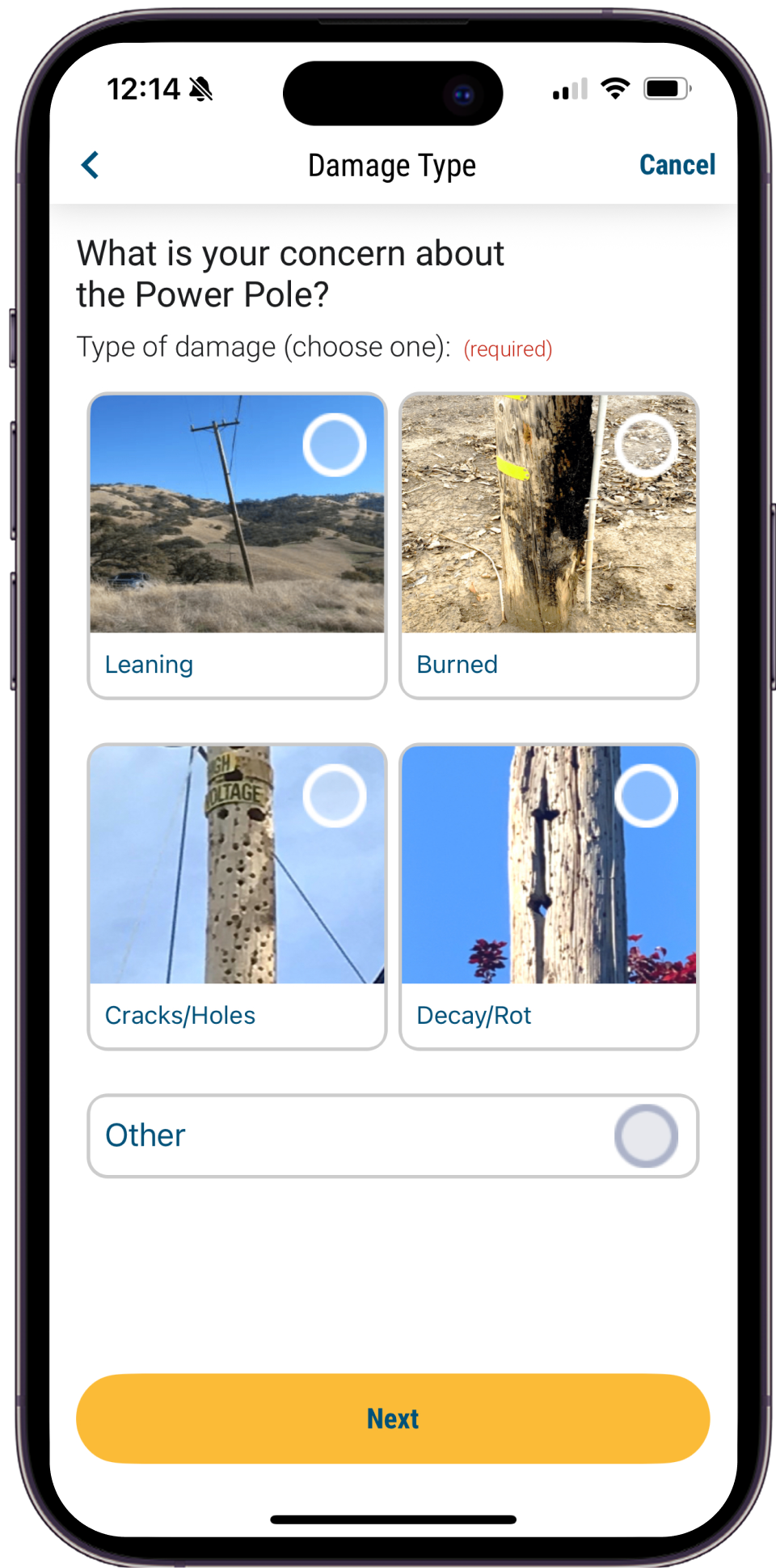 Mobile view of the Report It Apps What is your concern? screen, which contains four examples of a damaged power pole and a button for Other.