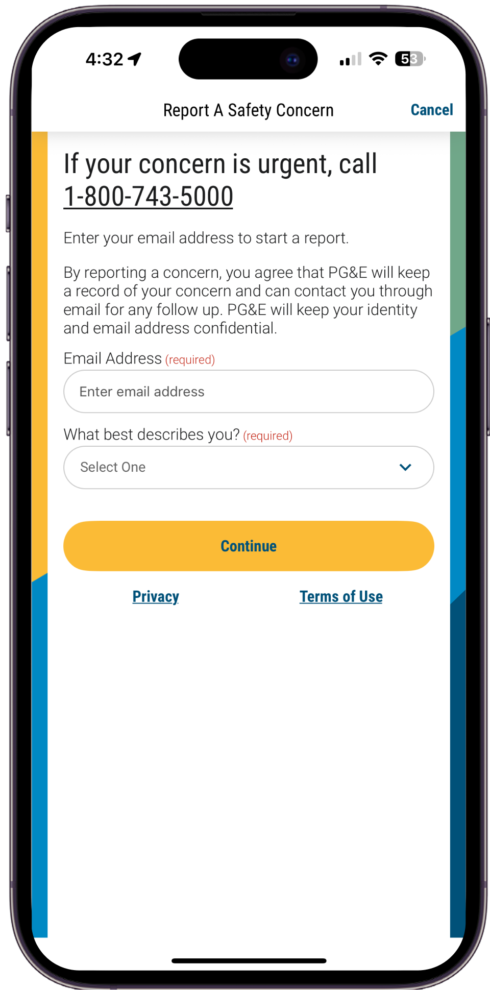 Mobile view of the Report It Apps Start a report screen. Screen contains two required fields one for your email address and another with a dropdown menu with the question, What best describes you.