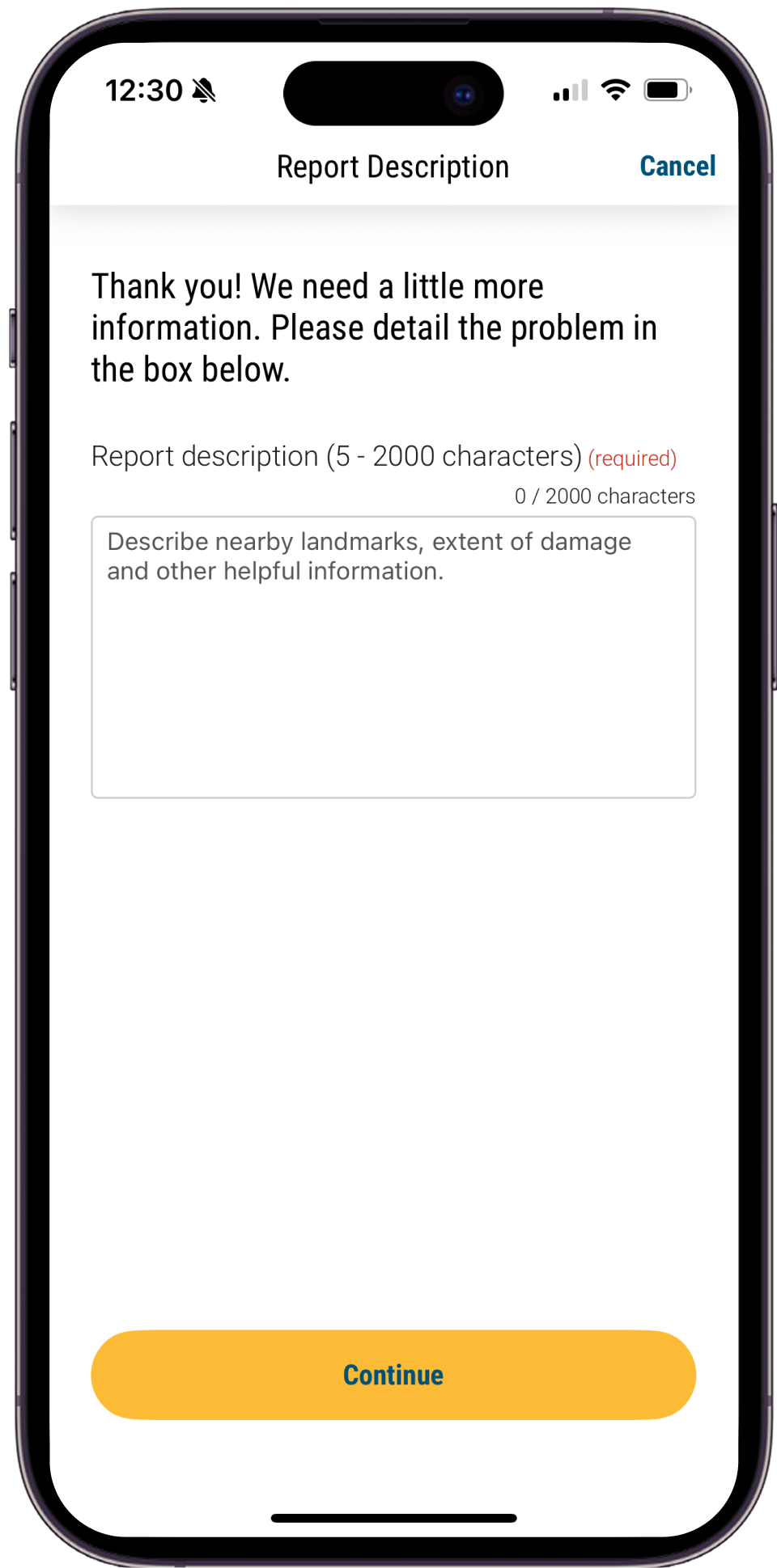 Mobile view of the Report It Apps Report Description screen, which includes a field to write a 5 to 2,000-character description of the concern.