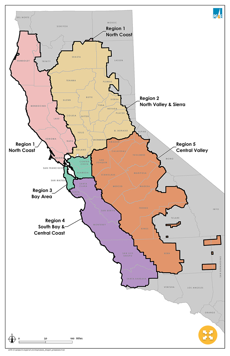 A map of California labeled by regions