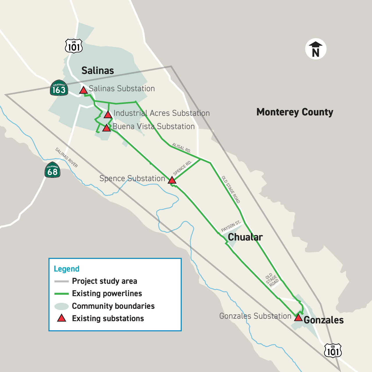  A map shows the proposed project area. It shows Salinas, Chualar and Gonzalez. The legend includes a boundary for the project study area. The project area runs from the center of Salinas and stops south of Gonzales. There are existing powerlines running along Old Stage Road to the east and US Highway 101 to the west. There is one powerline along Spence Road. The map also shows the five existing substations in the region. From North to South, these are Salinas Substation, Industrial Acres Substation, Buena Vista Substation, Spence Substation and Gonzales Substation.