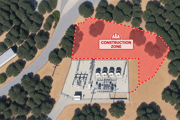 Aerial imagery shows the Carmel substation surrounded by trees and access roads. A red, dashed-outline area marks a designated construction zone adjacent to the facility. Within the highlighted area, an icon of a hard hat and the words CONSTRUCTION ZONE are clearly visible. The image emphasizes site planning, safety boundaries, and infrastructure development.