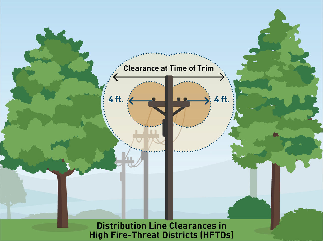 Illustrated graphic showing the vegetation clearing distances around distribution lines in high fire-threat districts.