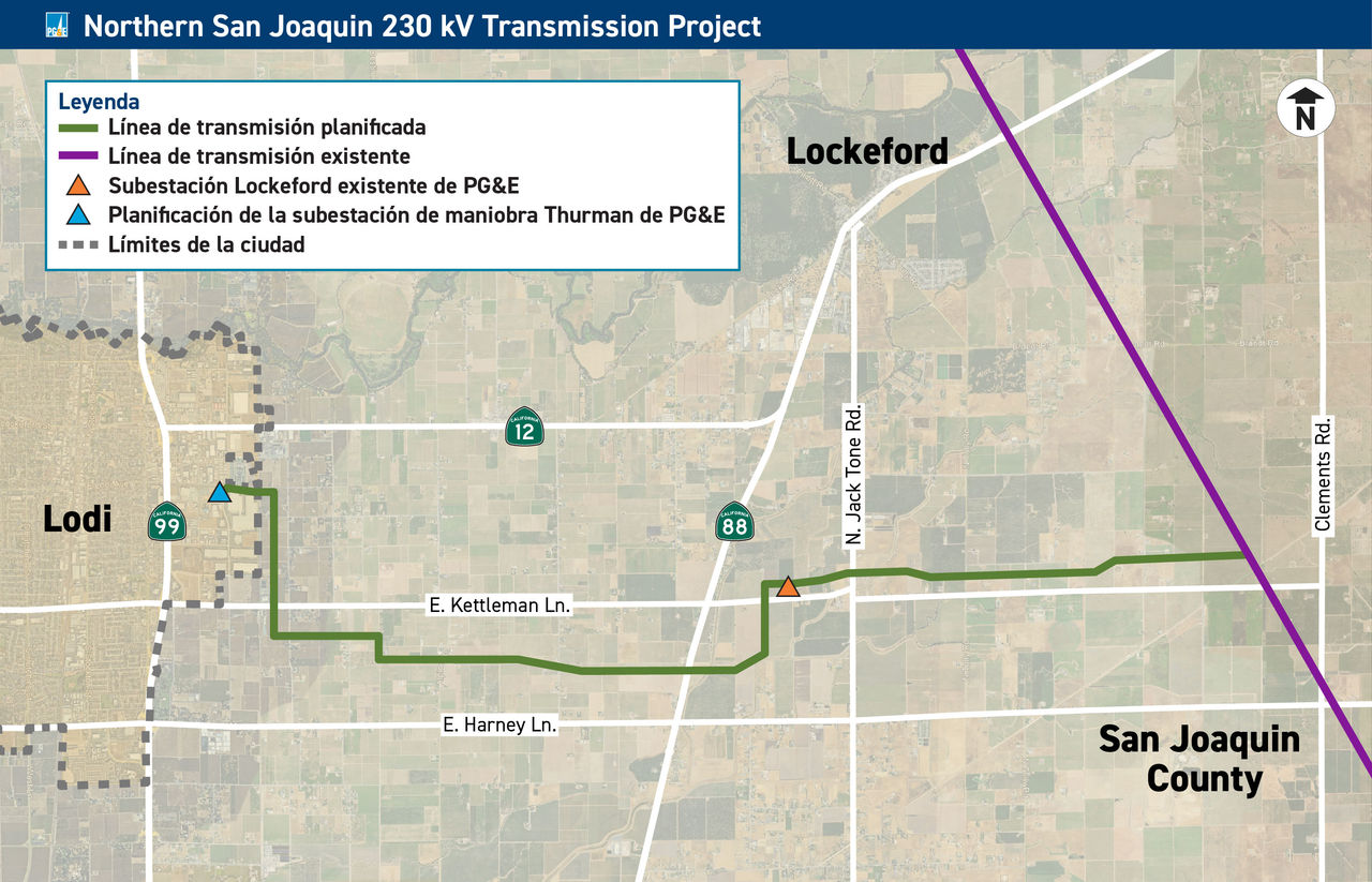 Mapa del Northern San Joaquín 230 kV Transmission Project, que muestra el área del proyecto en dirección este-oeste entre Clements Road y la Ruta Estatal 99, y en dirección norte-sur entre la Ruta Estatal 12 y East Harney Lane. La línea de transmisión planificada comienza en la futura Thurman Switching Station en Lodi, continúa hacia el sur y luego hacia el este a través de la Lockeford Substation existente, antes de seguir hacia el este y conectarse con la línea de transmisión existente cerca de Clements Road.