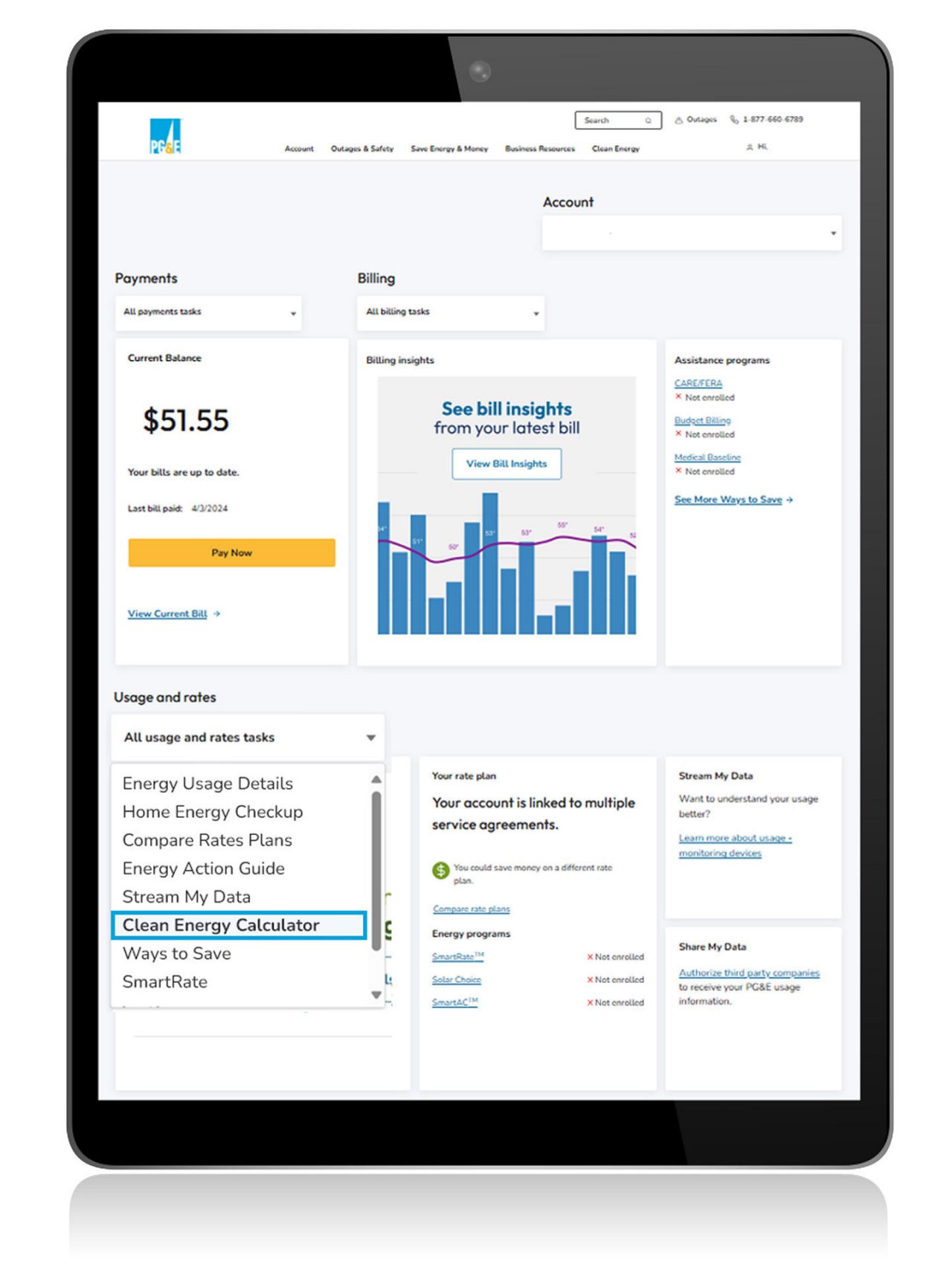 Tablet displaying PG&E My Account dashboard