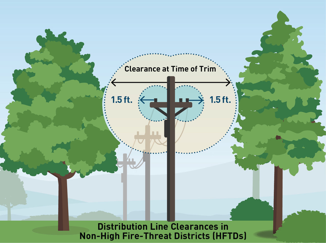 Illustrated graphic showing the vegetation clearing distances around distribution powerlines in non-high fire-threat districts.
