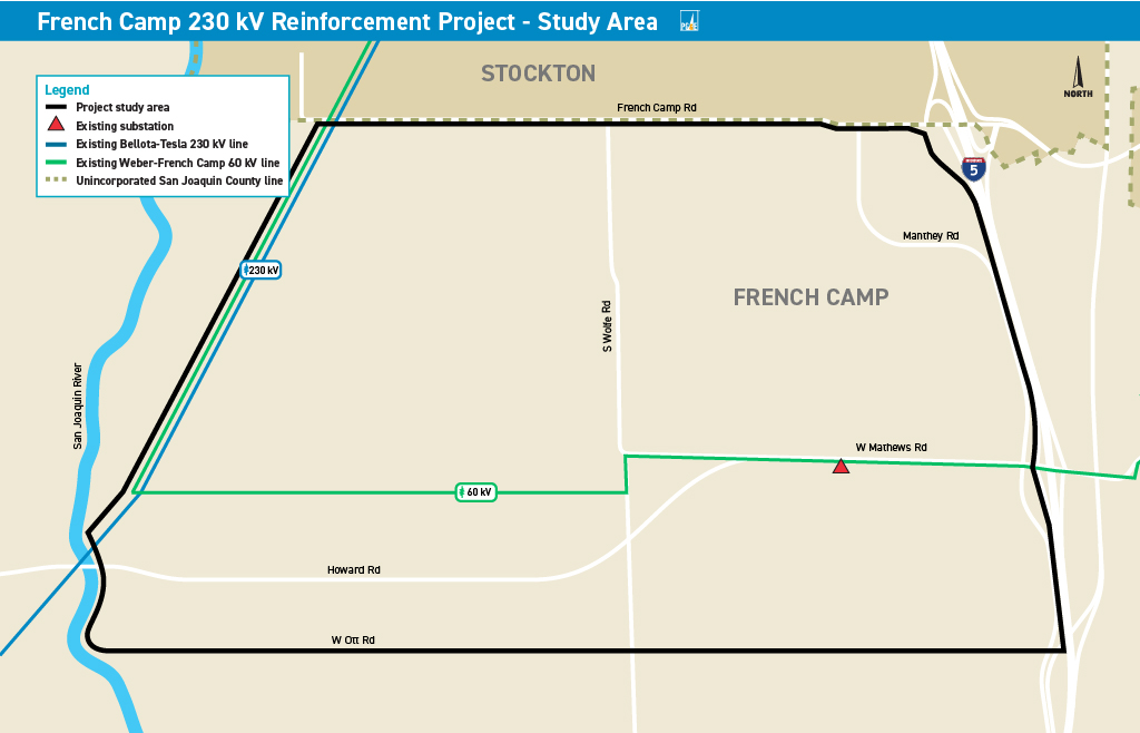 Map showing the project study area. The map shows the location of the current substation. It also shows nearby power lines in French Camp, Stockton and central San Joaquin County.