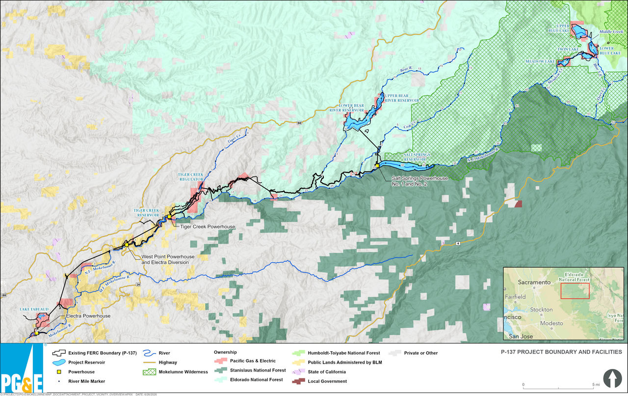 Map showing the locations of facilities within the Mokelumne River Hydroelectric Project.