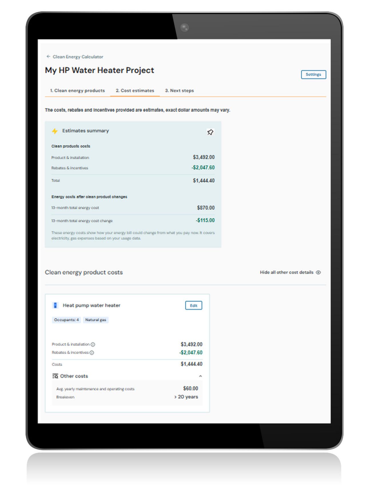 Tablet displaying clean energy cost calculator