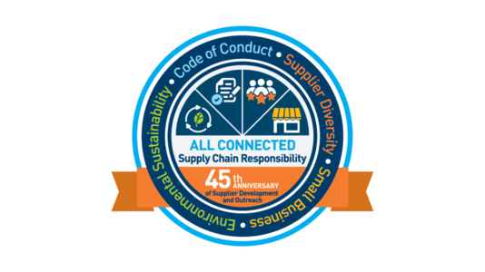 Logo ng All Connected Supply Chain Responsibility na may mga salitang Environmental Sustainability, Code of Conduct, Supplier Diversity, at Small Business