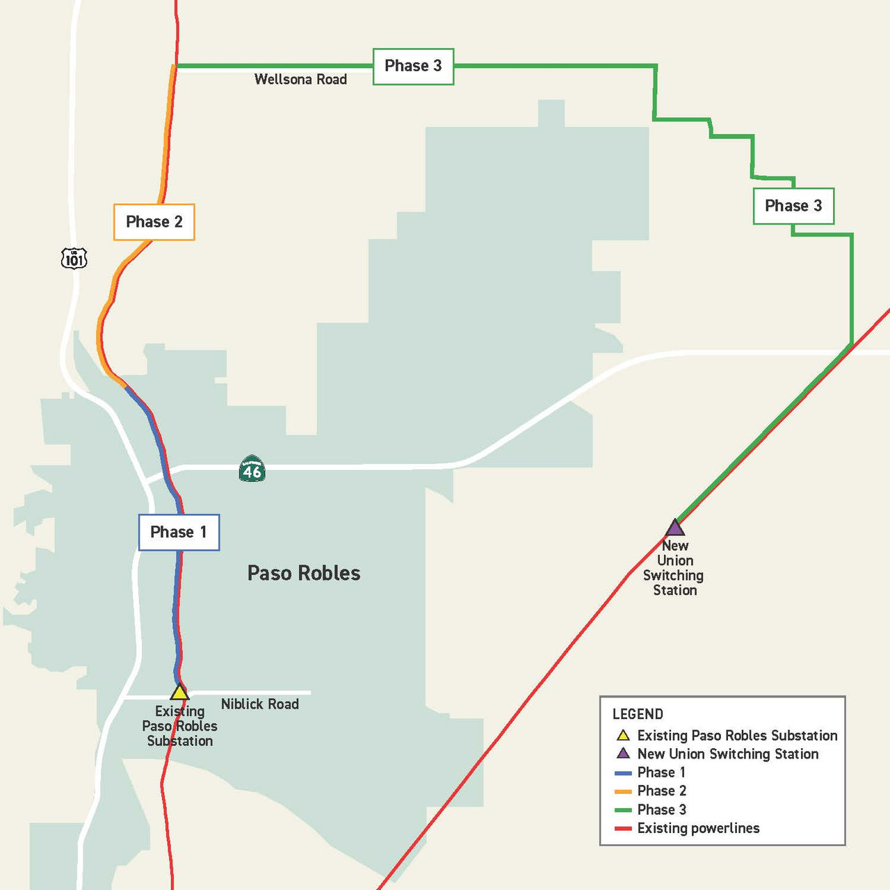 ap showing an overview of the project area, including the location of the new Union Switching Station and the existing substation, construction phases 1, 2 and 3 along the US 101, Wellsona Road and intersecting the California 46 in the East.