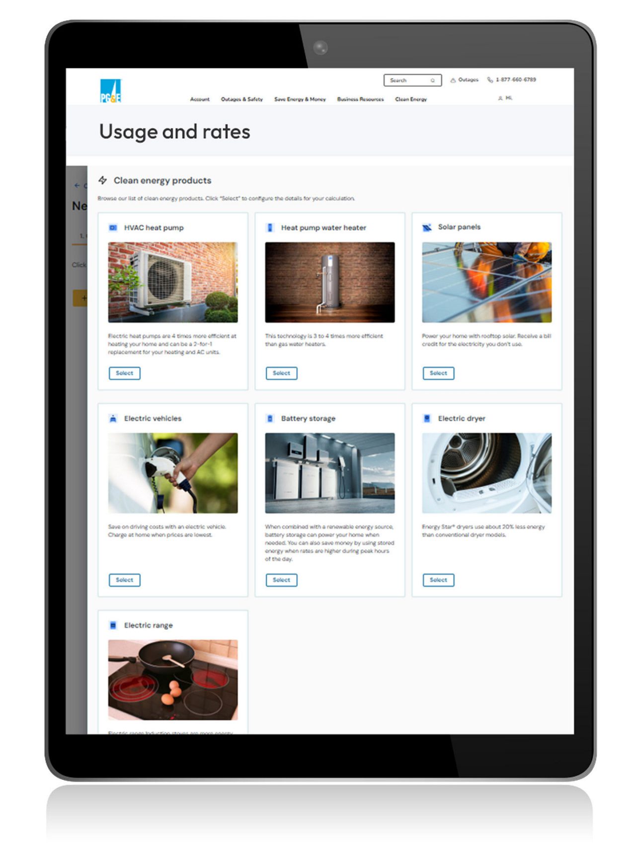 Tablet displaying clean energy product options